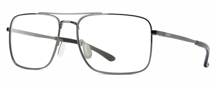 Profile View of Smith Optics Outcome-KJ1 Designer Reading Eye Glasses with Custom Cut Powered Lenses in Shiny Gunmetal Black Mens Pilot Full Rim Metal 59 mm