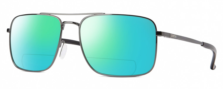 Profile View of Smith Optics Outcome-KJ1 Designer Polarized Reading Sunglasses with Custom Cut Powered Green Mirror Lenses in Shiny Gunmetal Black Mens Pilot Full Rim Metal 59 mm