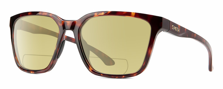 Profile View of Smith Optics Shoutout-086 Designer Polarized Reading Sunglasses with Custom Cut Powered Sun Flower Yellow Lenses in Tortoise Havana Crystal Brown Amber Unisex Square Full Rim Acetate 57 mm