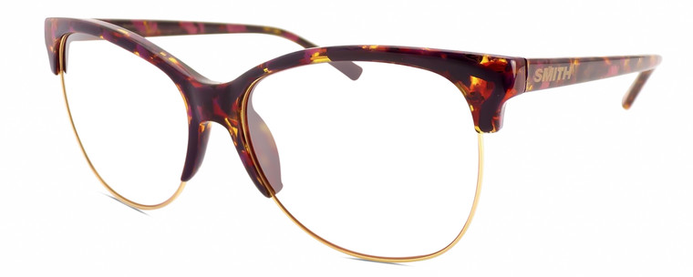 Profile View of Smith Optics Rebel-WJ9/FN Designer Reading Eye Glasses in Mulberry Tortoise Purple Red Gold Ladies Cat Eye Semi-Rimless Acetate 58 mm