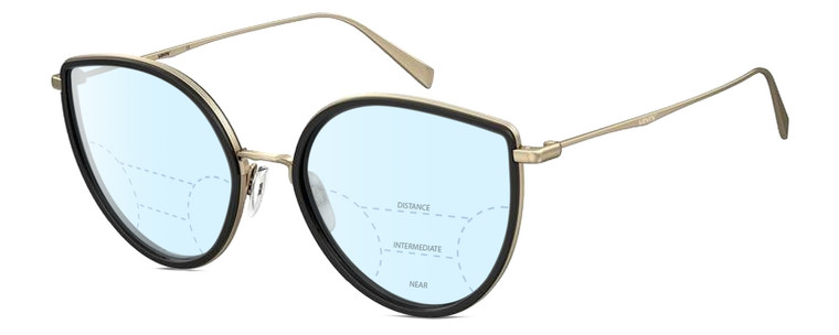 Profile View of Levi's Timeless LV5011S Designer Progressive Lens Blue Light Blocking Eyeglasses in Gloss Black Gold Ladies Cat Eye Full Rim Metal 56 mm