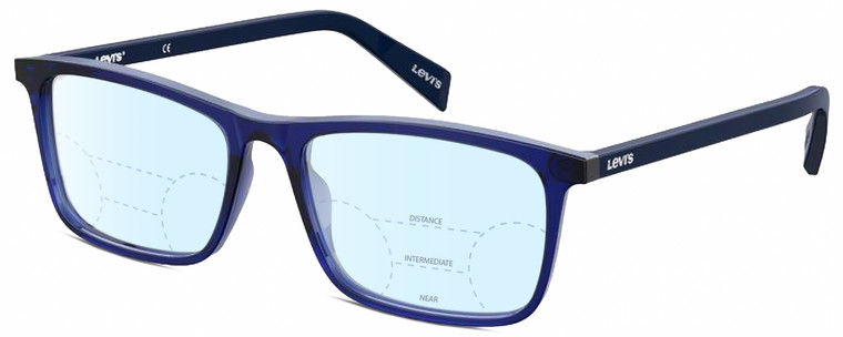 Profile View of Levi's Seasonal LV1004 Designer Progressive Lens Blue Light Blocking Eyeglasses in Crystal Royal Blue Unisex Rectangular Full Rim Acetate 53 mm