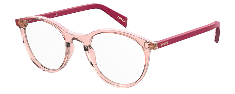 Profile View of Levi's Seasonal LV1005 Designer Blue Light Blocking Eyeglasses in Crystal Pink Plum Purple Ladies Round Full Rim Acetate 50 mm