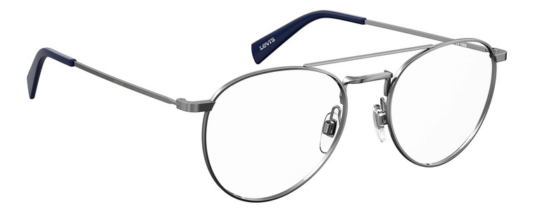 Profile View of Levi's Seasonal LV1006 Designer Progressive Lens Blue Light Blocking Eyeglasses in Dark Ruthenium Silver Navy Blue Unisex Pilot Full Rim Stainless Steel 52 mm