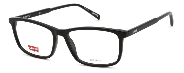 Profile View of Levi's Seasonal LV1018 Designer Single Vision Prescription Rx Eyeglasses in Gloss Black Unisex Rectangular Full Rim Acetate 55 mm