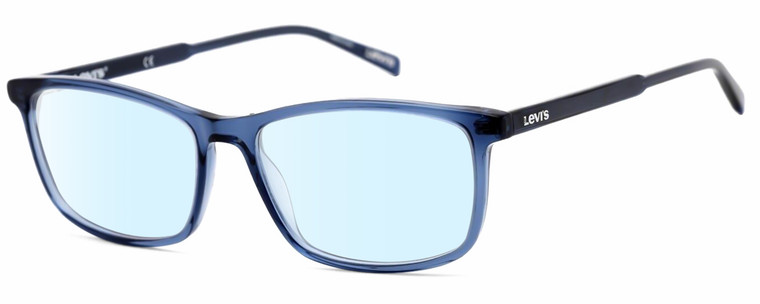 Profile View of Levi's Seasonal LV1018 Designer Blue Light Blocking Eyeglasses in Crystal Blue Unisex Rectangular Full Rim Acetate 55 mm