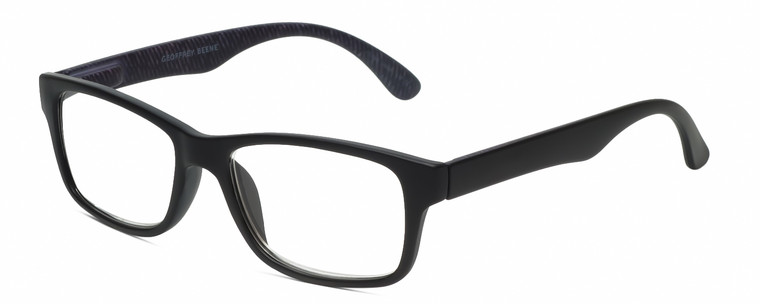 Profile View of Geoffrey Beene GBR003 Designer Blue Light Blocking Eyeglasses in Matte Black Plum Purple Stripe Mens Rectangular Full Rim Acetate 52 mm