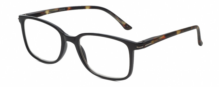 Profile View of Geoffrey Beene GBR006 Designer Reading Eye Glasses with Custom Cut Powered Lenses in Gloss Black Crystal Tortoise Havana Mens Rectangular Full Rim Acetate 53 mm