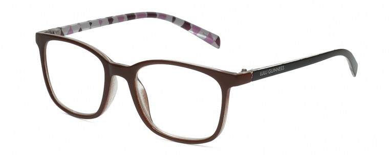 Profile View of Lulu Guinness LR75 Designer Blue Light Blocking Eyeglasses in Chocolate Brown Purple White Ladies Panthos Full Rim Acetate 50 mm