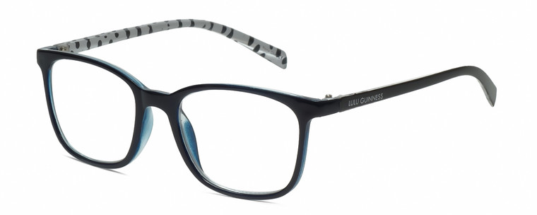 Profile View of Lulu Guinness LR75 Designer Single Vision Prescription Rx Eyeglasses in Navy Blue Crystal White Black Polka Dot Ladies Panthos Full Rim Acetate 50 mm
