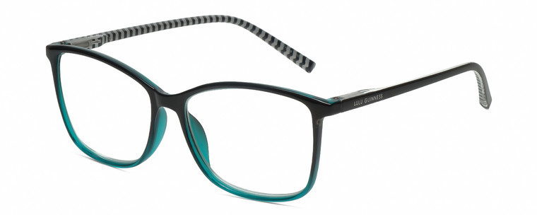 Profile View of Lulu Guinness LR79 Designer Bi-Focal Prescription Rx Eyeglasses in Black Teal Blue Crystal Fade Ladies Square Full Rim Acetate 54 mm