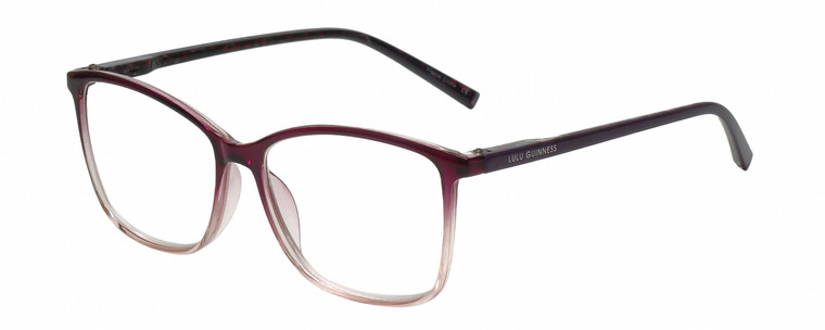 Profile View of Lulu Guinness LR79 Designer Single Vision Prescription Rx Eyeglasses in Plum Purple Blush Pink Crystal Fade Ladies Square Full Rim Acetate 54 mm