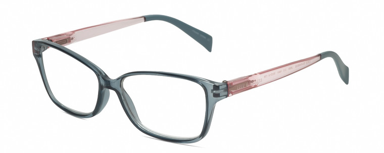 Profile View of Lulu Guinness LR80 Designer Single Vision Prescription Rx Eyeglasses in Crystal Blue Pink Ladies Cat Eye Full Rim Acetate 53 mm