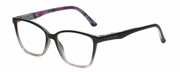 Profile View of Lulu Guinness LR81 Designer Reading Eye Glasses with Custom Cut Powered Lenses in Black Blush Pink Crystal Fade Floral Ladies Cat Eye Full Rim Acetate 53 mm