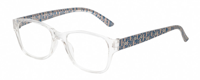 Profile View of Elle EL15558R Designer Reading Eye Glasses with Custom Cut Powered Lenses in Crystal Clear Modern Art Pink Blue Ladies Oval Full Rim Acetate 51 mm