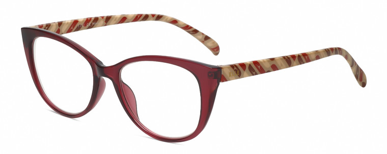 Profile View of Elle EL15559R Designer Blue Light Blocking Eyeglasses in Crystal Berry Red Modern Art Brown Tan Ladies Cat Eye Full Rim Acetate 52 mm