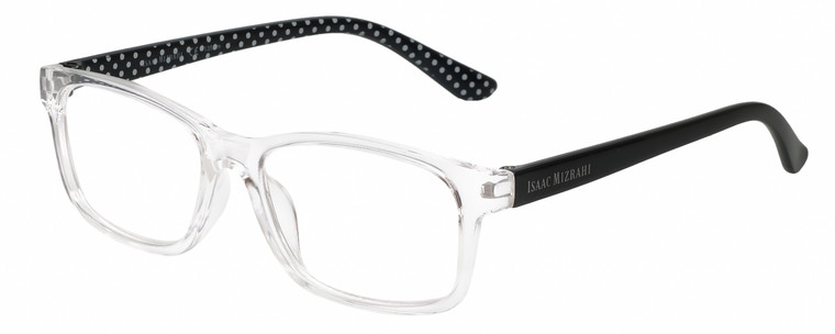 Profile View of Isaac Mizrahi IM31268R Designer Progressive Lens Blue Light Blocking Eyeglasses in Crystal Clear Black White Polka Dot Ladies Rectangular Full Rim Acetate 51 mm