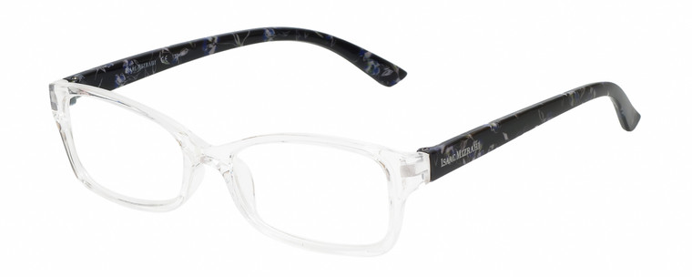 Profile View of Isaac Mizrahi IM31298R Designer Reading Eye Glasses with Custom Cut Powered Lenses in Crystal Clear Floral Blue Black Ladies Butterfly Full Rim Acetate 51 mm