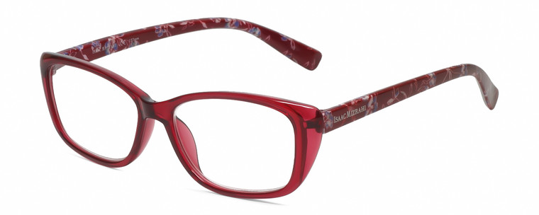 Profile View of Isaac Mizrahi IM31300R Designer Single Vision Prescription Rx Eyeglasses in Crystal Berry Red Floral Purple Pink Ladies Cat Eye Full Rim Acetate 51 mm