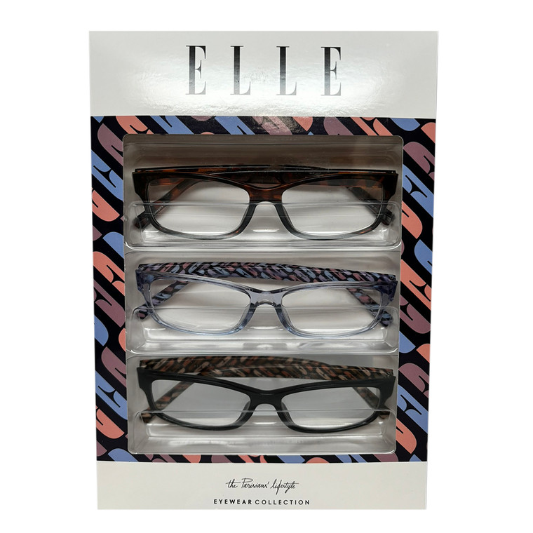 Profile View of Elle 3 PACK Gift Box Womens Reading Glasses in Tortoise,Crystal Blue,Black +1.50