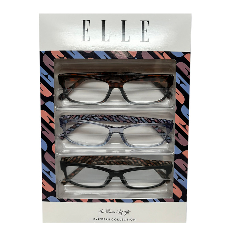 Profile View of Elle 3 PACK Gift Box Womens Reading Glasses in Tortoise,Crystal Blue,Black +2.50