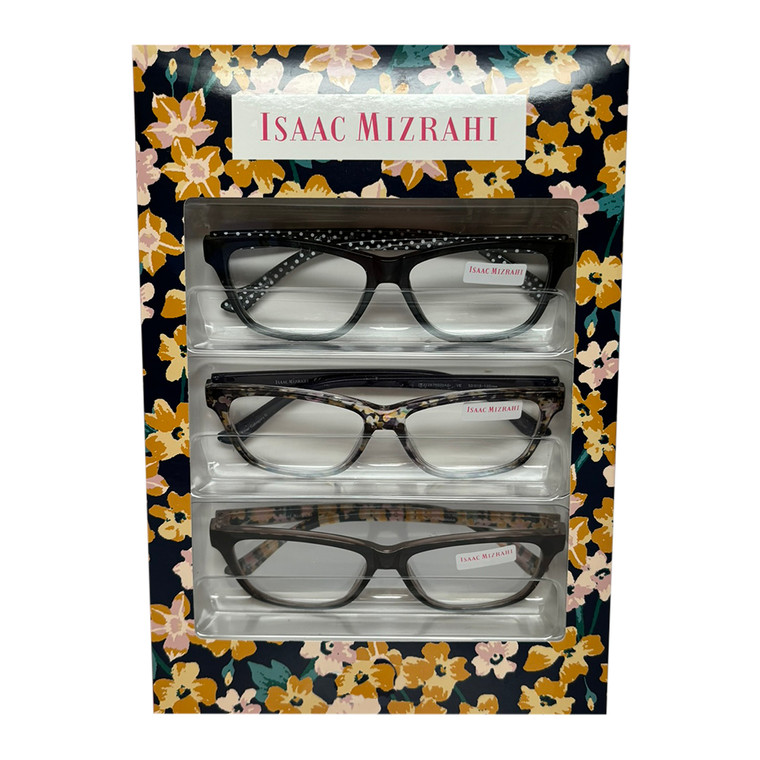 Profile View of Isaac Mizrahi 3 PACK Gift Box Womens Reading Glasses Black,Tortoise,Yellow +2.00