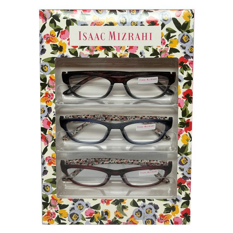 Profile View of Isaac Mizrahi 3 PACK Gift Box Women's Reading Glasses in Tortoise,Blue,Red +2.00