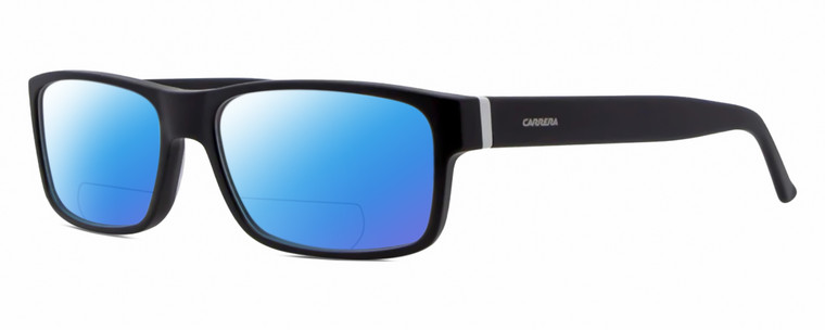 Profile View of Carrera CA6180 Designer Polarized Reading Sunglasses with Custom Cut Powered Blue Mirror Lenses in Matte Black White Unisex Square Full Rim Acetate 55 mm