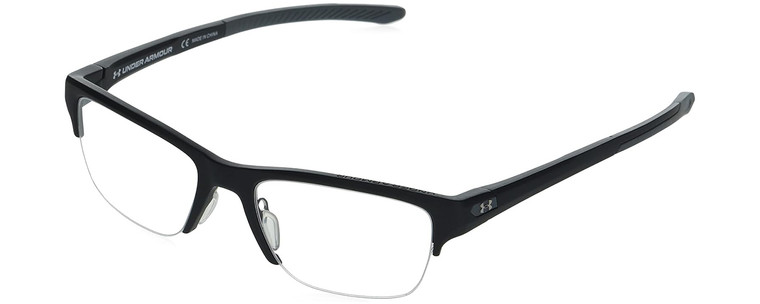 Profile View of Under Armour UA-5001/G Designer Reading Eye Glasses with Custom Cut Powered Lenses in Matte Black Slate Grey Mens Panthos Semi-Rimless Acetate 53 mm