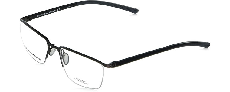 Profile View of Under Armour UA-5002/G Designer Single Vision Prescription Rx Eyeglasses in Matte Dark Ruthenium Black Grey Mens Panthos Rimless Stainless Steel 57 mm