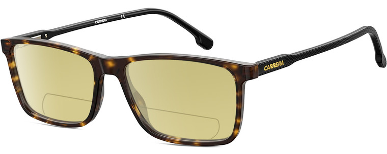 Profile View of Carrera CA-225 Designer Polarized Reading Sunglasses with Custom Cut Powered Sun Flower Yellow Lenses in Havana Tortoise Brown Black Unisex Square Full Rim Acetate 56 mm