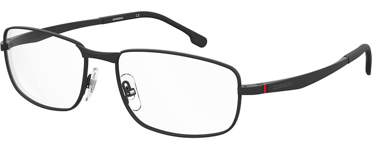 Profile View of Carrera CA-8854 Designer Reading Eye Glasses with Custom Cut Powered Lenses in Matte Black Mens Rectangle Full Rim Stainless Steel 59 mm