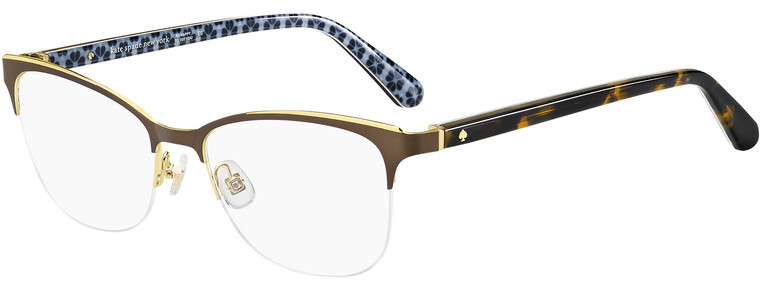 Profile View of Kate Spade BRIEANA Designer Bi-Focal Prescription Rx Eyeglasses in Satin Brown Silver Tortoise Havana Blue Floral Ladies Cat Eye Semi-Rimless Stainless Steel 50 mm