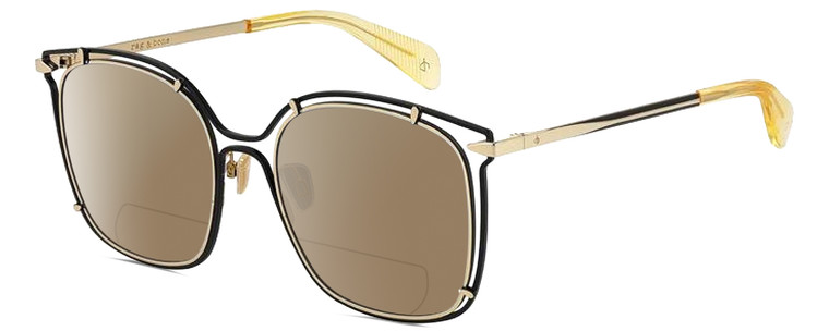 Profile View of Rag&Bone 1023 Designer Polarized Reading Sunglasses with Custom Cut Powered Amber Brown Lenses in Gold Matte Black Yellow Crystal Ladies Square Semi-Rimless Metal 56 mm