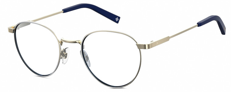 Profile View of Polaroid 2082/S/X Designer Single Vision Prescription Rx Eyeglasses in Light Gold Navy Blue Unisex Panthos Full Rim Metal 49 mm