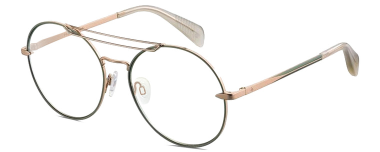 Profile View of Rag&Bone 1011 Designer Reading Eye Glasses with Custom Cut Powered Lenses in Rose Gold Green Grey Crystal Ladies Pilot Full Rim Metal 59 mm