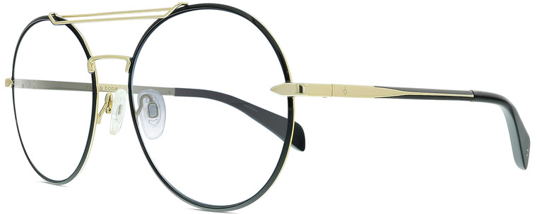 Profile View of Rag&Bone 1011 Designer Reading Eye Glasses with Custom Cut Powered Lenses in Gold Black Ladies Pilot Full Rim Metal 59 mm