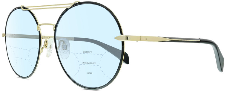 Profile View of Rag&Bone 1011 Designer Progressive Lens Blue Light Blocking Eyeglasses in Gold Black Ladies Pilot Full Rim Metal 59 mm