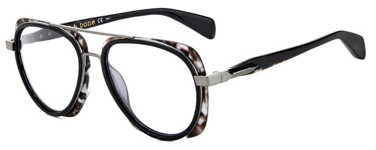 Profile View of Rag&Bone 5035 Designer Reading Eye Glasses with Custom Cut Powered Lenses in Black Gunmetal Grey Horn Marble Unisex Pilot Full Rim Acetate 55 mm