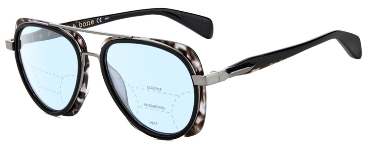 Profile View of Rag&Bone 5035 Designer Progressive Lens Blue Light Blocking Eyeglasses in Black Gunmetal Grey Horn Marble Unisex Pilot Full Rim Acetate 55 mm