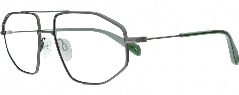 Profile View of Rag&Bone 5036 Designer Single Vision Prescription Rx Eyeglasses in Satin Ruthenium Silver Green Crystal Mens Pilot Full Rim Metal 57 mm