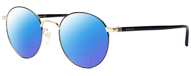 Profile View of GUCCI GG0297OK-003 Designer Polarized Reading Sunglasses with Custom Cut Powered Blue Mirror Lenses in Gloss Black Gold Ladies Round Full Rim Metal 52 mm