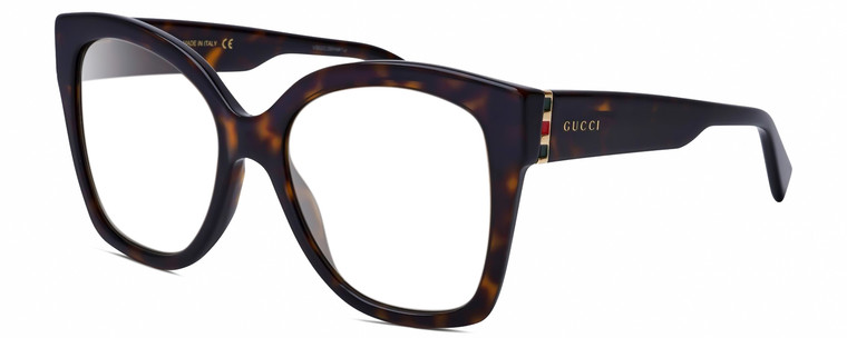 Profile View of GUCCI GG0459S-002 Designer Single Vision Prescription Rx Eyeglasses in Dark Brown Havana Tortoise Gold Ladies Cateye Full Rim Acetate 54 mm