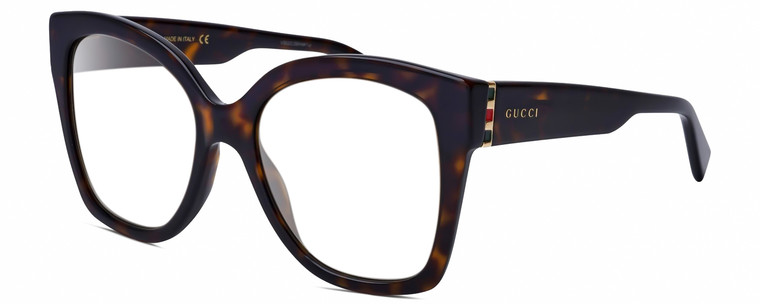 Profile View of GUCCI GG0459S-002 Designer Bi-Focal Prescription Rx Eyeglasses in Dark Brown Havana Tortoise Gold Ladies Cateye Full Rim Acetate 54 mm