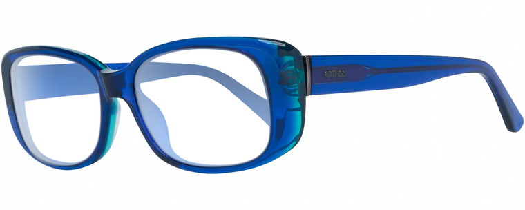 Profile View of GUESS GU7408-90X Designer Reading Eye Glasses with Custom Cut Powered Lenses in Royal Blue Teal Green Crystal Ladies Rectangular Full Rim Acetate 52 mm