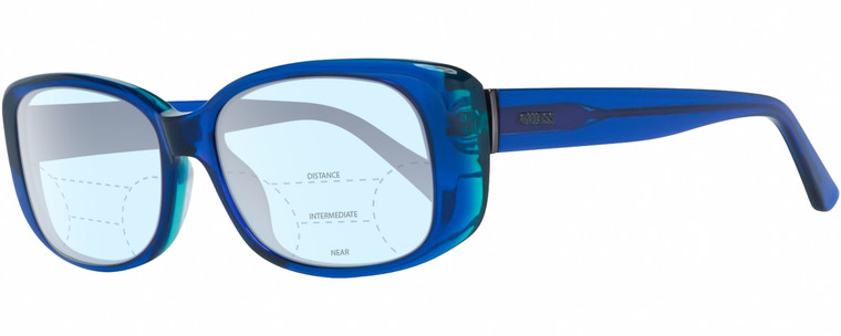 Profile View of GUESS GU7408-90X Designer Progressive Lens Blue Light Blocking Eyeglasses in Royal Blue Teal Green Crystal Ladies Rectangular Full Rim Acetate 52 mm