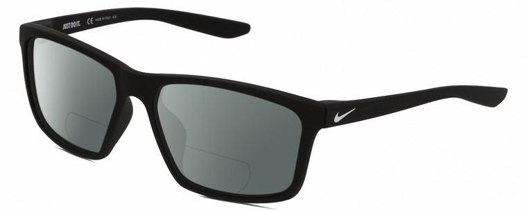 Profile View of NIKE Valiant-MI-010 Designer Polarized Reading Sunglasses with Custom Cut Powered Smoke Grey Lenses in Matte Black White Unisex Rectangular Full Rim Acetate 60 mm