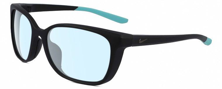 Profile View of NIKE Sentiment-CT7886-010 Designer Blue Light Blocking Eyeglasses in Matte Black Teal Blue Ladies Square Full Rim Acetate 56 mm