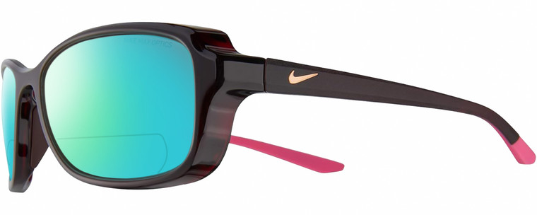 Profile View of NIKE Breeze-M-CT7890-233 Designer Polarized Reading Sunglasses with Custom Cut Powered Green Mirror Lenses in Dark Burgundy Red Crystal Grey Hot Pink Ladies Oval Full Rim Acetate 57 mm