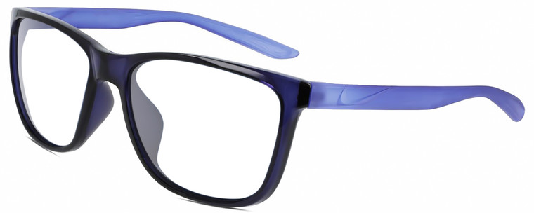 Profile View of NIKE Dawn-Ascent-556 Designer Reading Eye Glasses in Gloss Navy Blue Indigo Purple Crystal Unisex Panthos Full Rim Acetate 57 mm